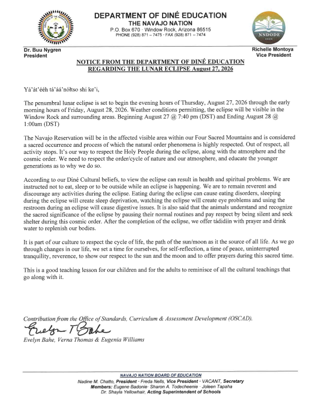 Department of Dine Education Letter: Eclipse 8.27.2026